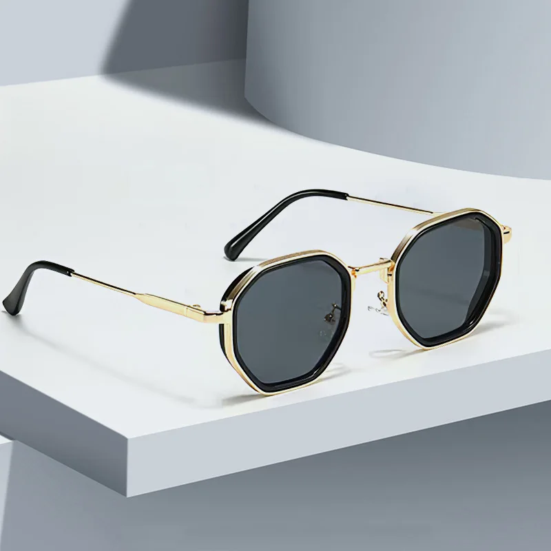 2025 New in Vintage Sunglasses for Women Modern Fashionable Octagonal Glasses with Black Lenses Golden Edging Sun Glasses
