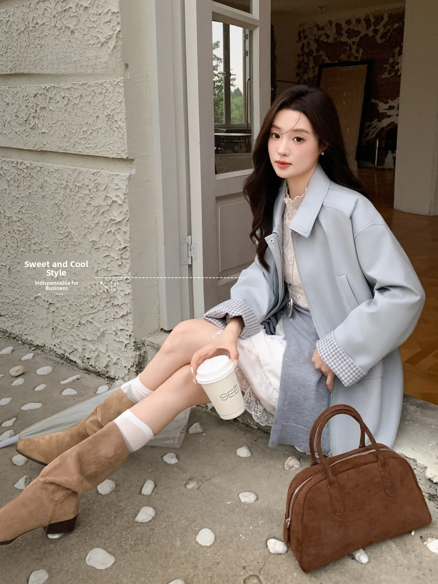 Loose Women's Leather Jaet Autumn New Sle Korean Version Plaid Splicing Sve Cap Waterproof ort Outerwear Coat