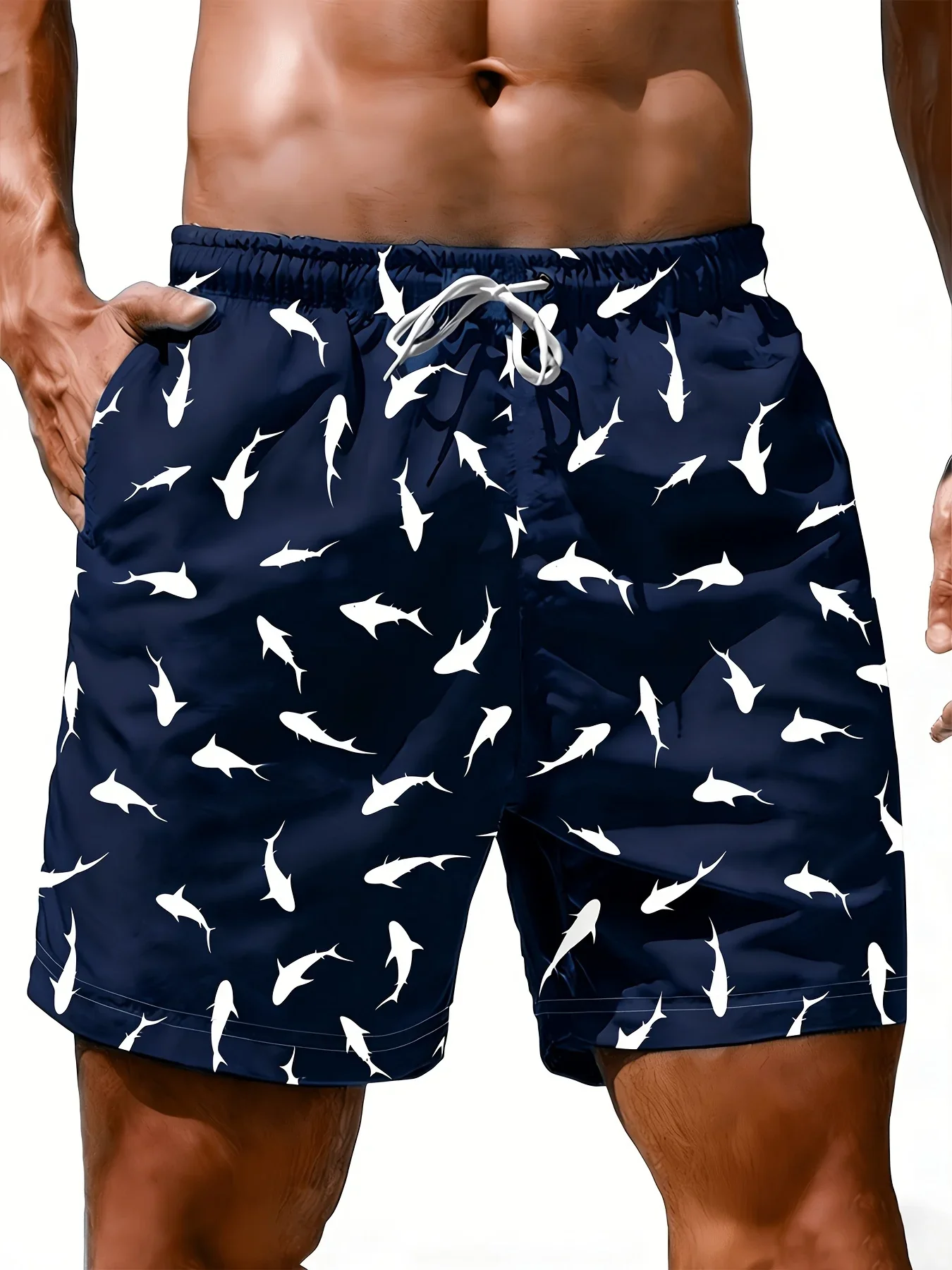 Men's vacation essential: Shark print Hawaiian beach shorts surfing capris summer beach vacation casual swimming shorts