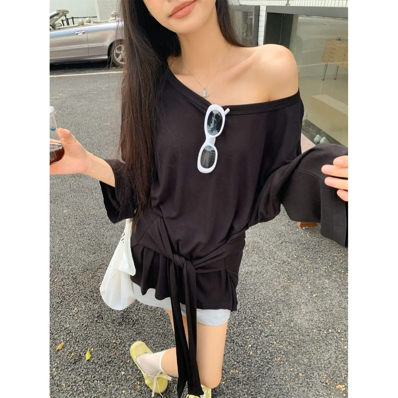 2026 New Women's Long Sleeve T-Shirt Belt Design Loose Fit Thin Sunshade Cover up Top Korean Style Pure Color Quick Dry