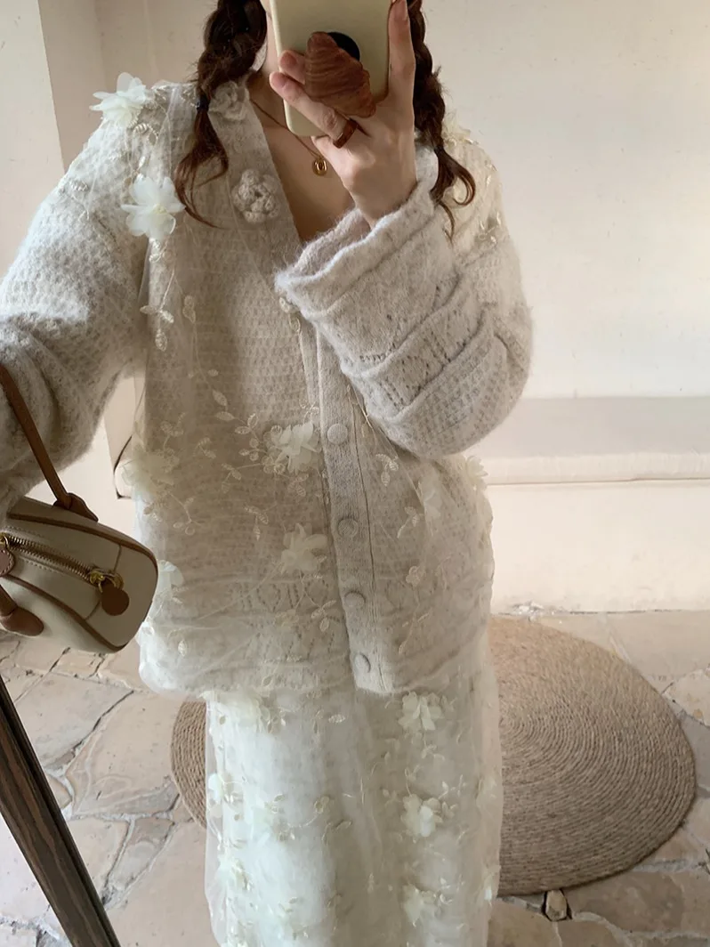 

Женский вязаный кружевной свитер с цветочным принтом, юбка с высокой талией, комплект из двух предметов, осенний новый Sle для поездок на работу, чистая электронная коммерция S