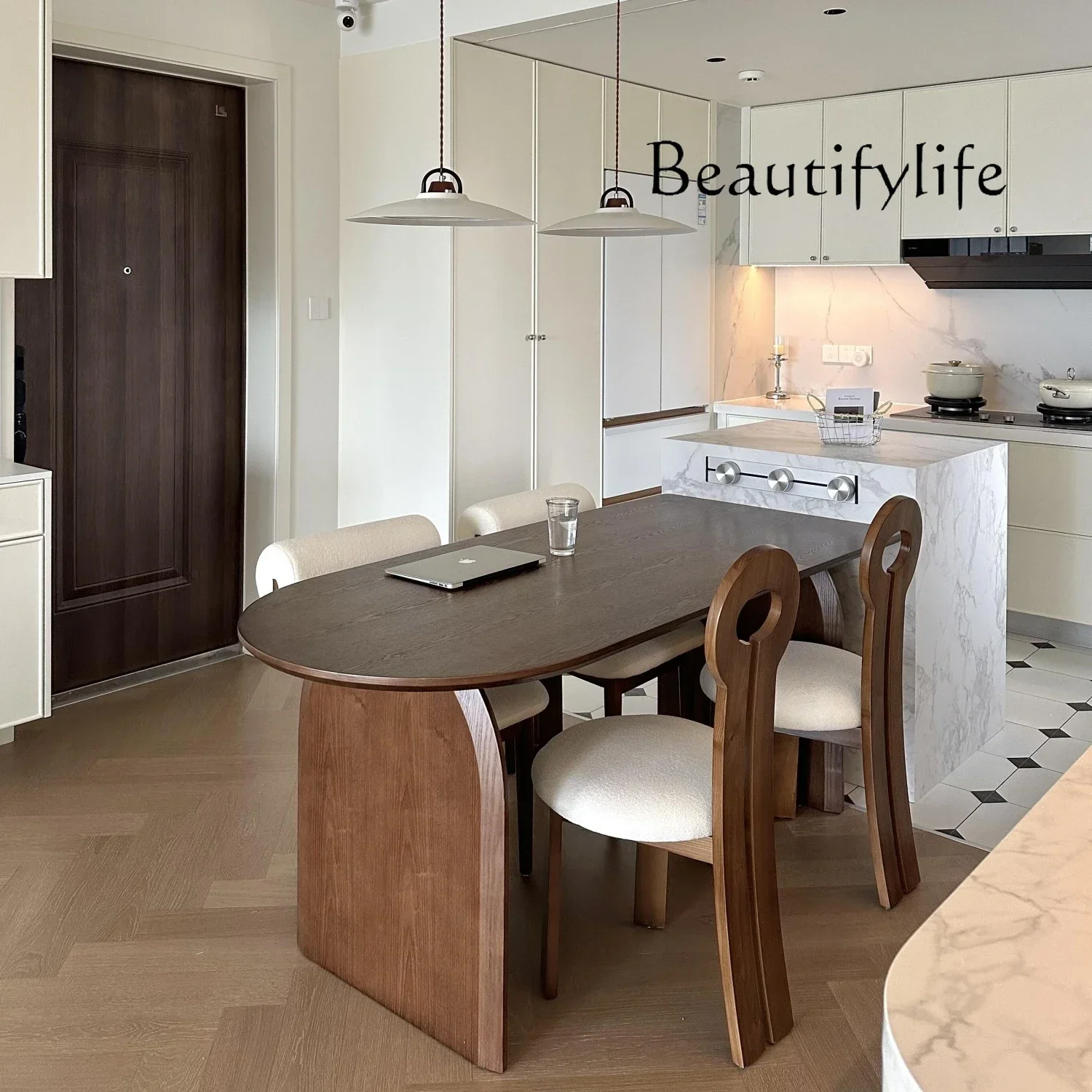 

BJ Simple Living Room Small Apartment Long Dining Table Retro Style Solid Wood Dining Table And Chairs Oval Peninsula Table