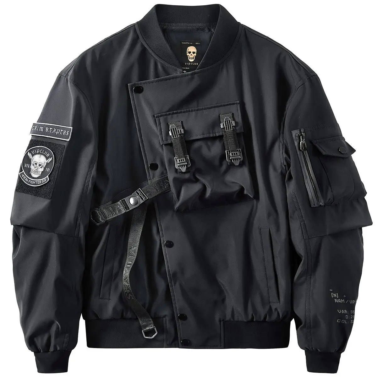 VIP Bomber Black Jacket, Loose Functional Tooling, Multi-pocket Embroidered Coat