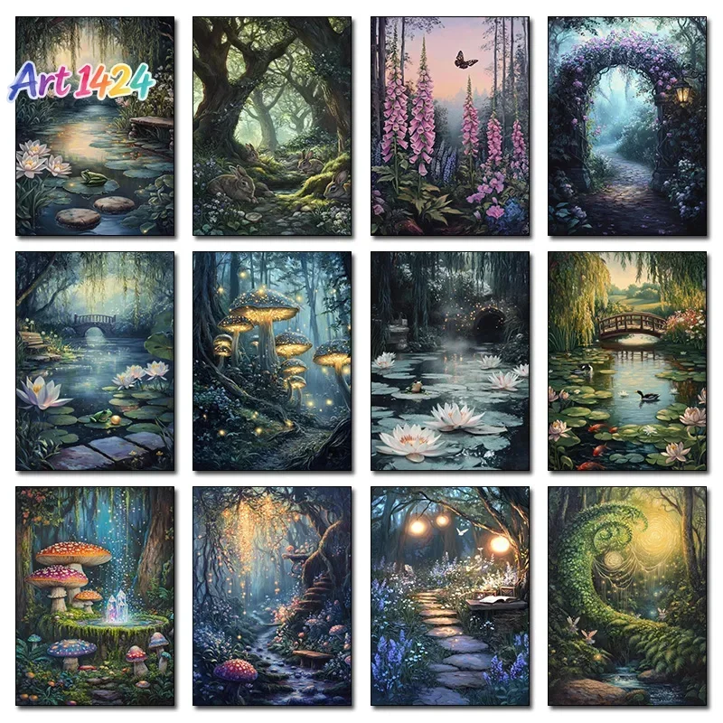 Healing Forest Forest Dark Academia Mossy Skull Water Lilies Twilight Mirror Pond Posters Canvas Paintings Wall Pictures Decor
