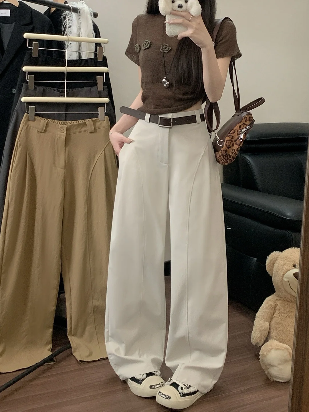 

Белые повседневные брюки с высокой талией и прямыми штанинами, женские модные облегающие брюки, модные однотонные брюки в деловом стиле, корейская версия