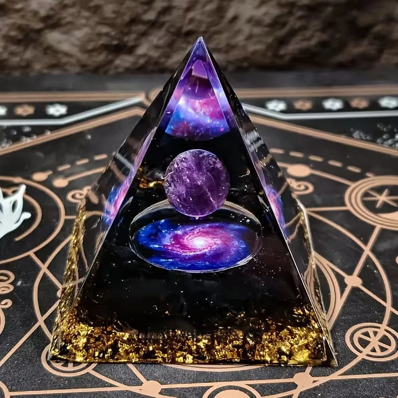 Galaxy Orgone Pyramid Amethyst Crystal Sphere Inside Orgon Energy Stone Stress Anxiety Relief Wealth Luck Home Room Decor