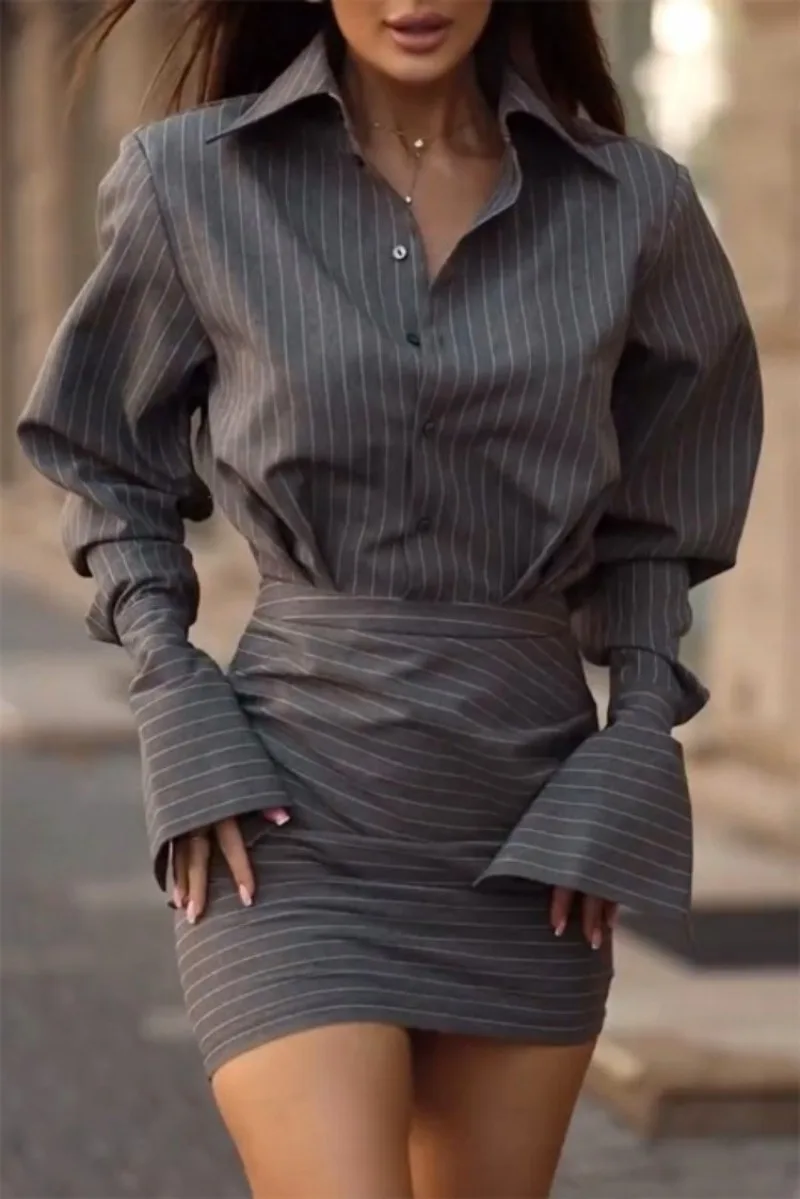 Elegant Striped Shirt Skirts Set Women Slim Single Breasted Blouse Hip Package Short Skirt 2026 New Female Office Matching Sets