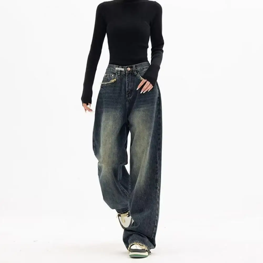 Casual Style Women Pants Vintage High Waist Wide Leg Denim Jeans with Deep Crotch Pockets Women's Floor Length Loose for Hip