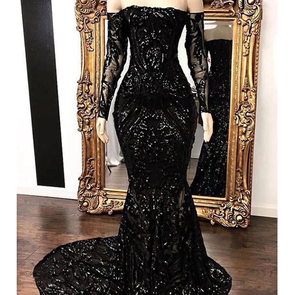 Black Lace Sequined Women Evening Dresses 2023 Latest Vestido Boat Neck Long Sleeves Exquisite Wedding Prom Party Robe De Soiree