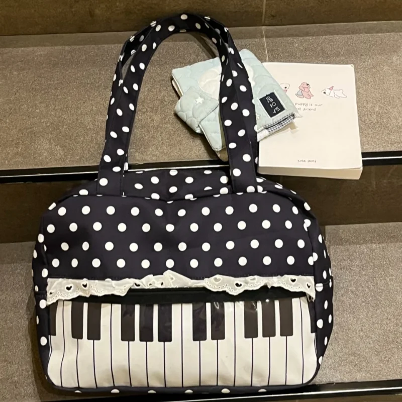 

Black Polka Dot Handbag Women Piano Design Shoulder Bag Lace Trim Butterfly Ribbon Underarm Bag Fashion Musical Note Tote Bag