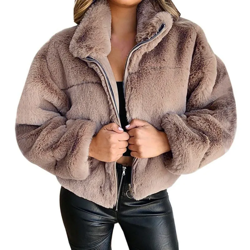 Women's Faux Rabbit Fur Coat, Thick Warm, Stand Collar, Short Outwear, Monochromatic, Casual Fashion Jacket, Autumn, Winter, New