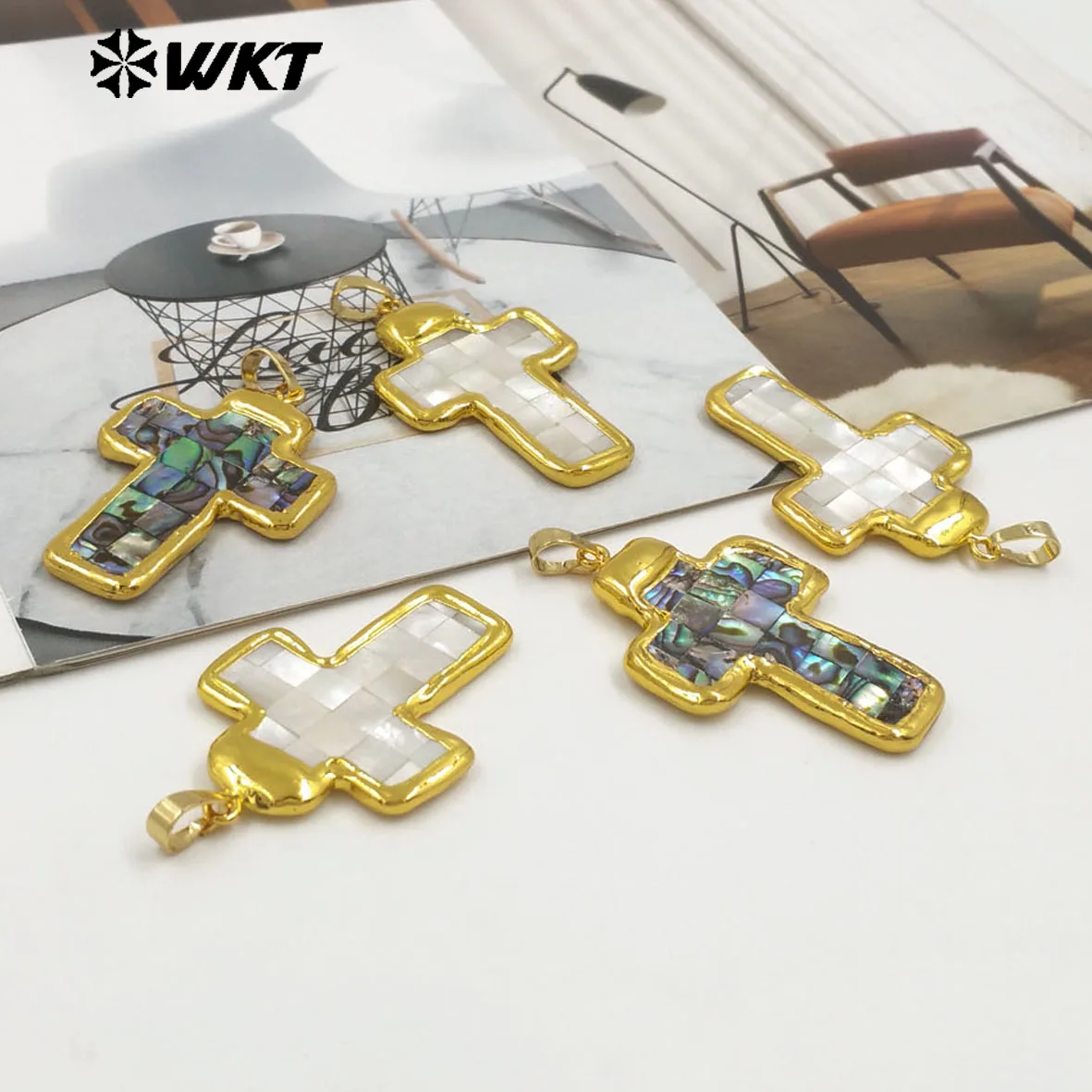 WT-JP407 Abalone White Shell  Pendant Cross Shape With Real Gold Plated For Friends Daily Decoration