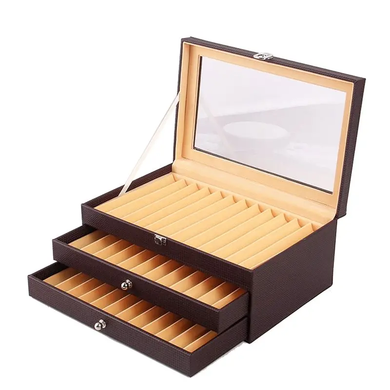 

A95D-1 Piece 36 Slots Wooden Pen Display Storage Box Luxury 3 Layer PU Pen Case Glass Window Fountain Case 4
