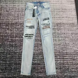 men paisley ribbed patches distressed skinny lt blue jeans