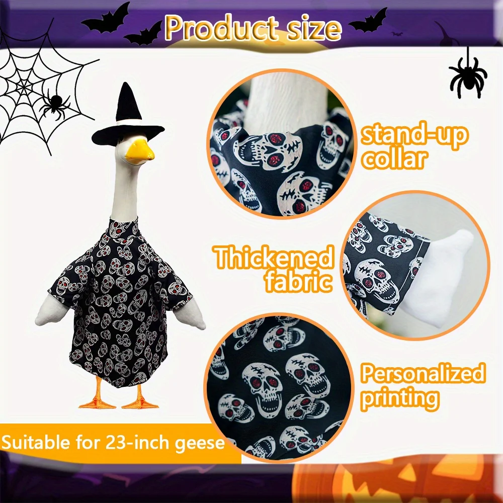 Porch Goose Outfit, Halloween Red-eyed Skeleton Shirt Witch Hat, Lawn Goose Clothing Suitable for 23in Cement/ Plastic Goose Statue, Outdoor Yard Decor view 5