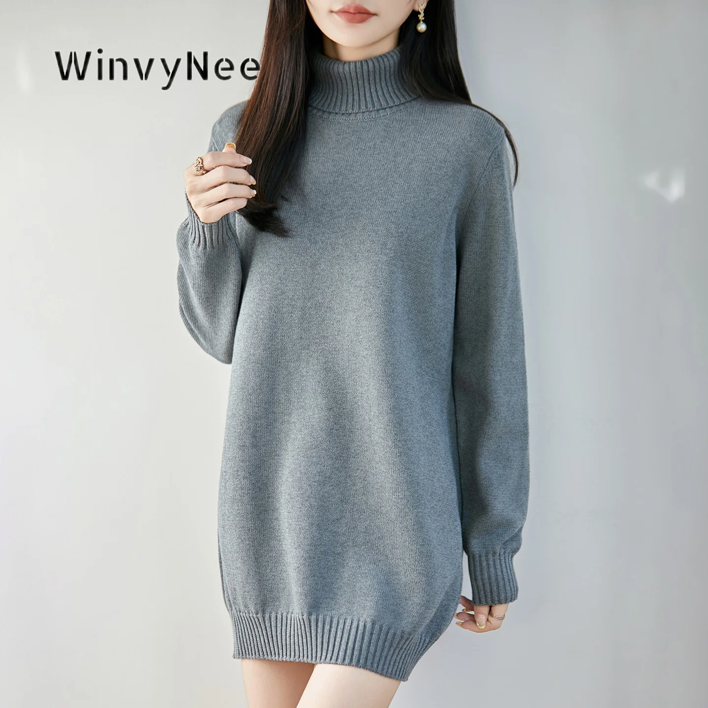 WinvyNee Women Sweater Dress 100% Cotton Turtleneck Long Sleeve Soft Minimalist Attire Fashion Daily Outfit Wear Basic ZA1092071