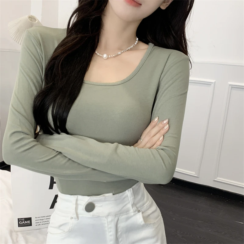 2023 Autumn New Women's High-Grade round Neck Pure Color All-Matching Bottoming Shirt Women's T-shirt