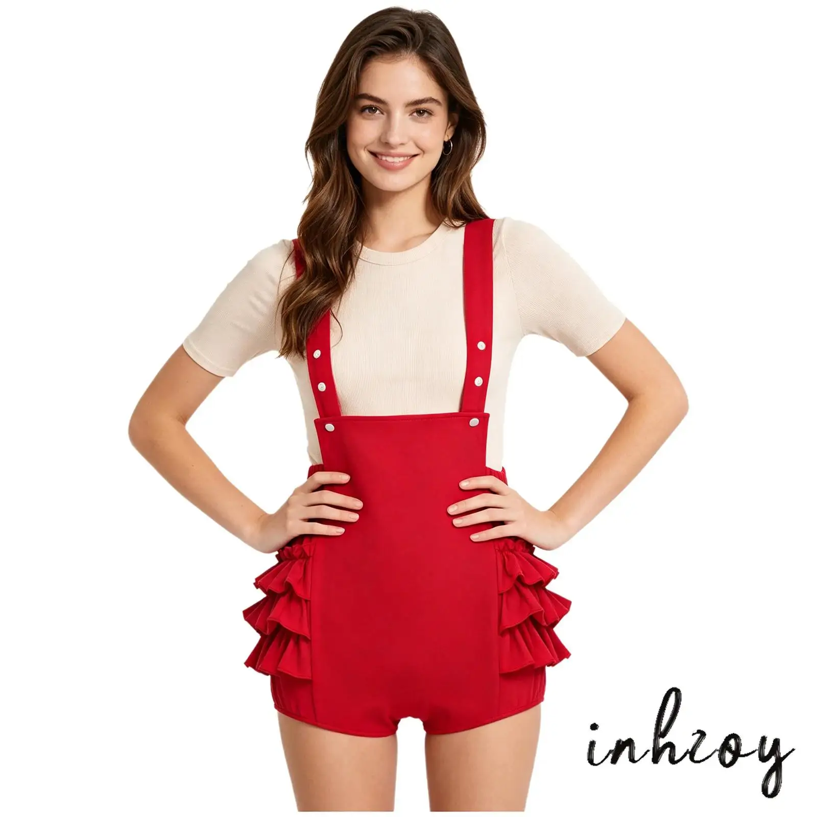 

Adjustable Strap Flounce Shorts Romper for Women Ruffled Tiered Elastic Waist Suspender Bib Overalls Playsuits for Casual Wear