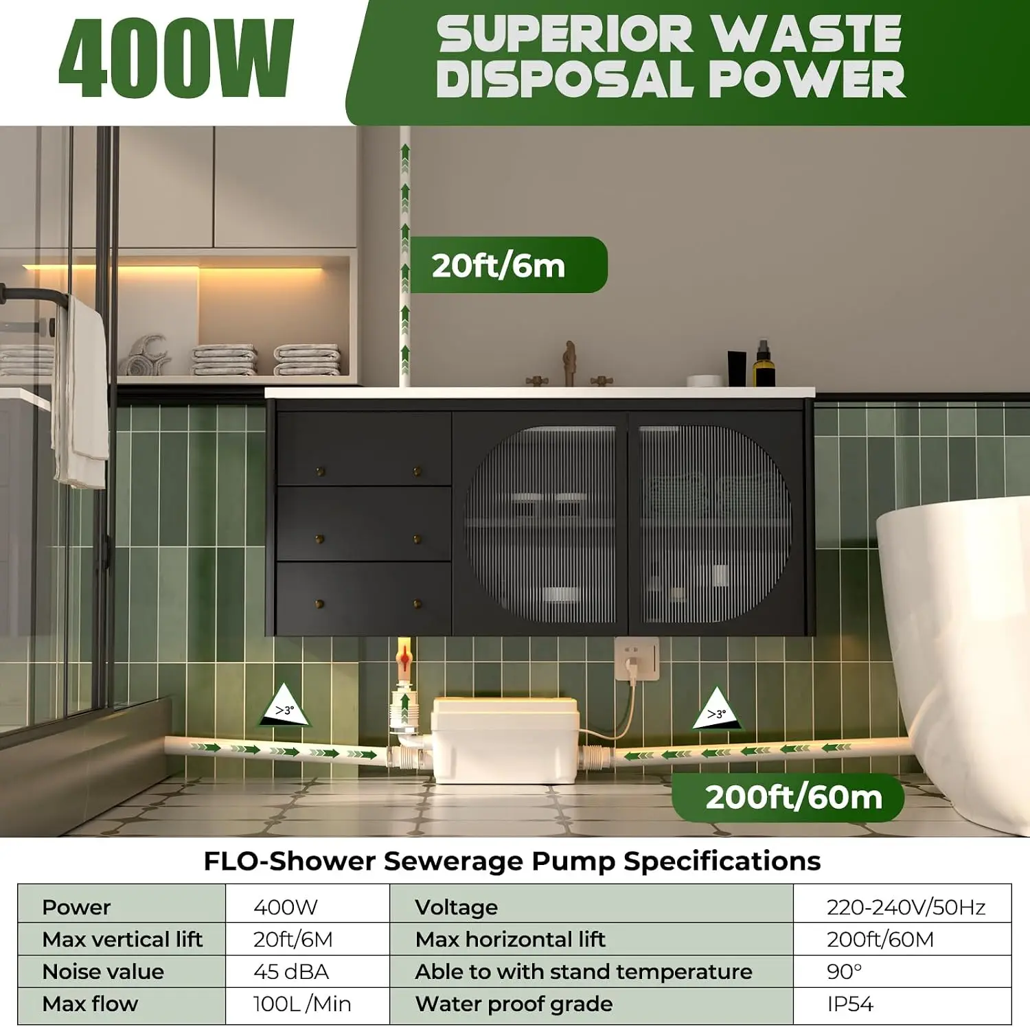 400W Shower Sump Pump, 20ft/6m Upflush, 3 Inlets, Under Sink Design | Automatic Ejector Wastewater Disposal for Basement