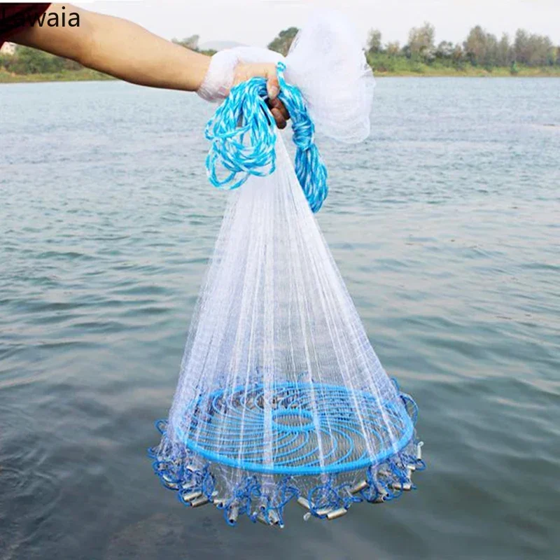 

Lawaia Deep Hole Cast Net Iron Steel Pendants Hot Sale Fishnet Blue Ring American Style Small Mesh Catch Fish Casting Network