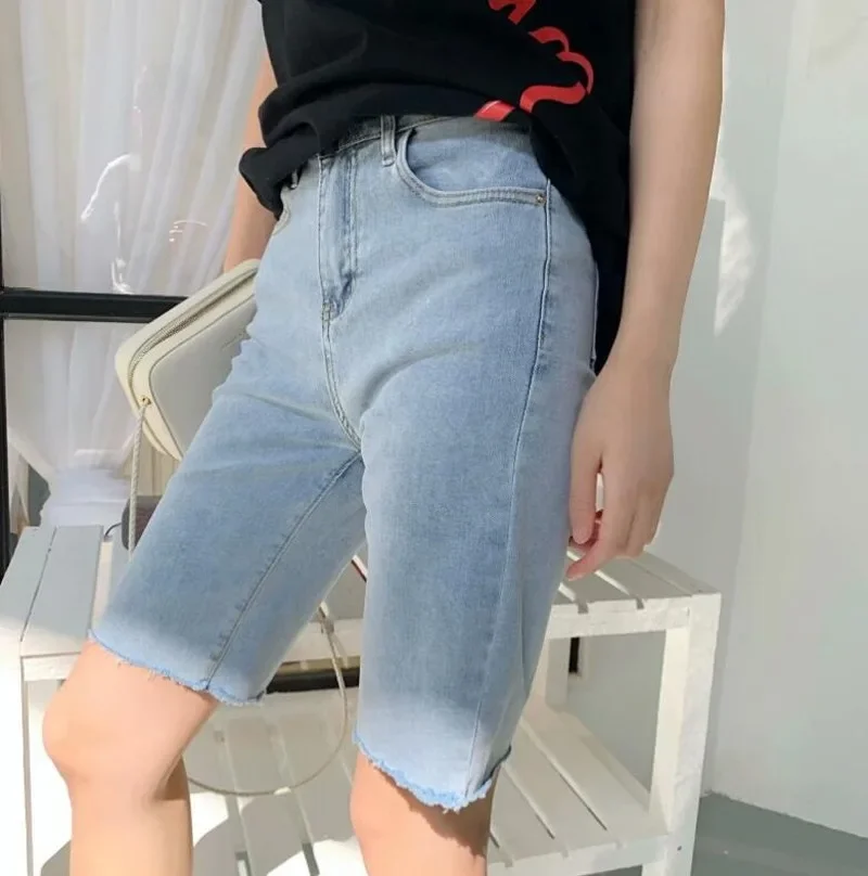 

2023 Women High Street Straight Denim Shorts Sexy Vintage Short Pants Summer High Waist Shorts Hurr Hem Knee Length Jeans