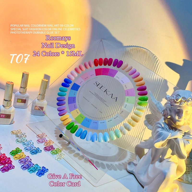 Rormays 24PCS Fluorescent Gel Polishing Set Shiny Semi-Permanent UV LED Nail Varnish Macaron Rainbow Colors 15ML Each