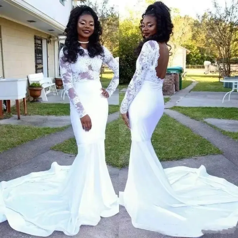 Vestidos de novia de sirena de manga larga de encaje sexy IIIusion personalizados Tren de barrido Vestidos de novia africanos campestres sin espalda de satén