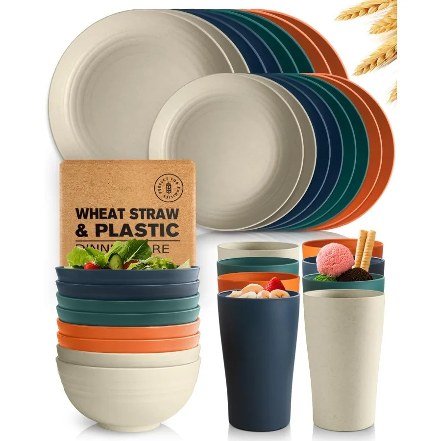 

32Piece Kitchen Plastic Wheat Straw Dinnerware Set Service for 8 Includes Dinner Plates Dessert Plate Cereal Bowls Cups for Eve