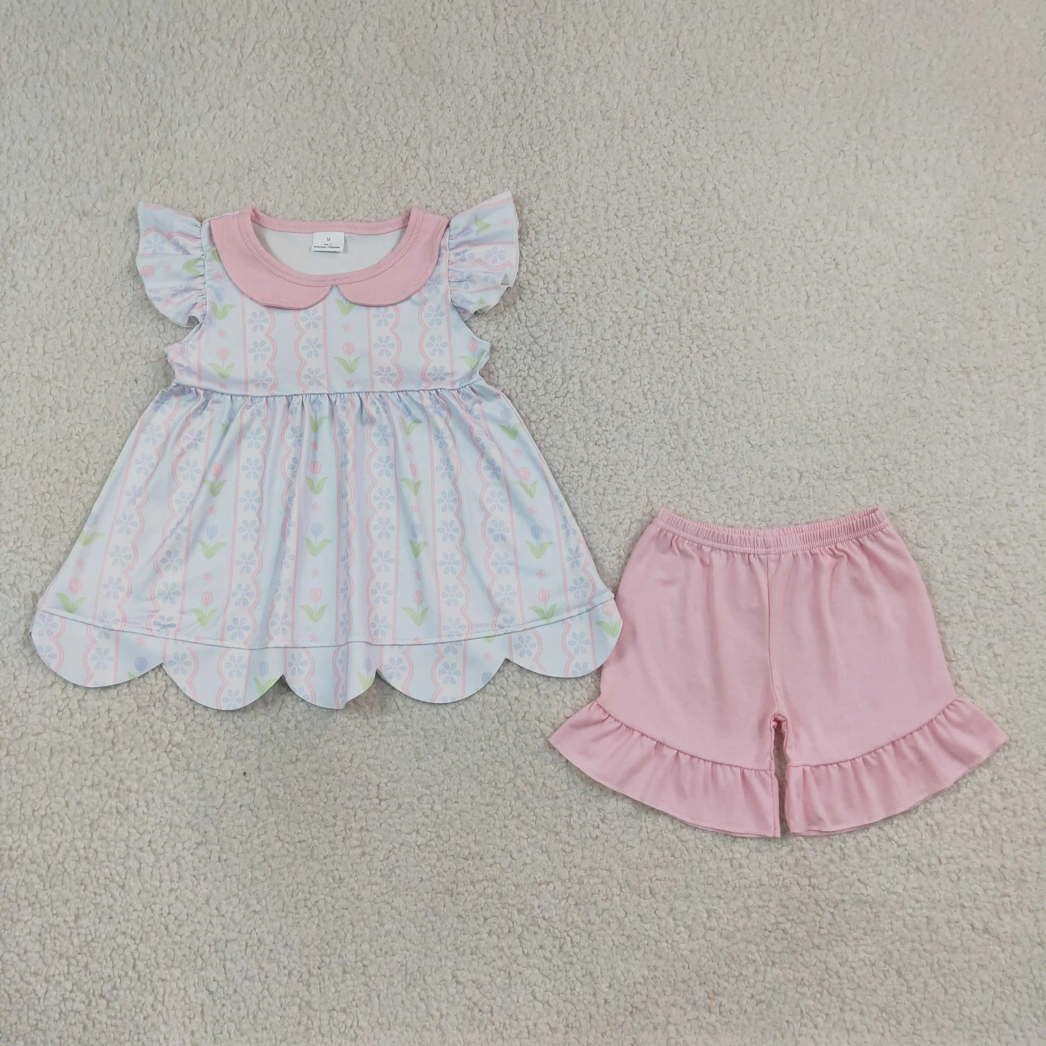 Wholesale Children Toddler Outfit Baby Girl Short Sleeves Flower Ruffle Tunic Kids Cotton Shorts Pink Set Girls Summer Clothes