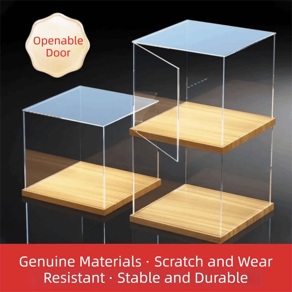 Vitrine en acrylique transparente, design empilable, assemblage sans colle, couvercle anti-poussière, fond en bois, boîte de rangement