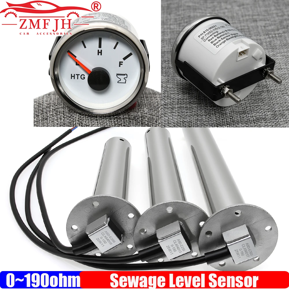 

ZMFJH 0-190ohm 52MM Holding Tank Gauge RED Light 150-550MM Sewage Level Sensor Auto Car Boat HTG Waste Tank Meter Indicator