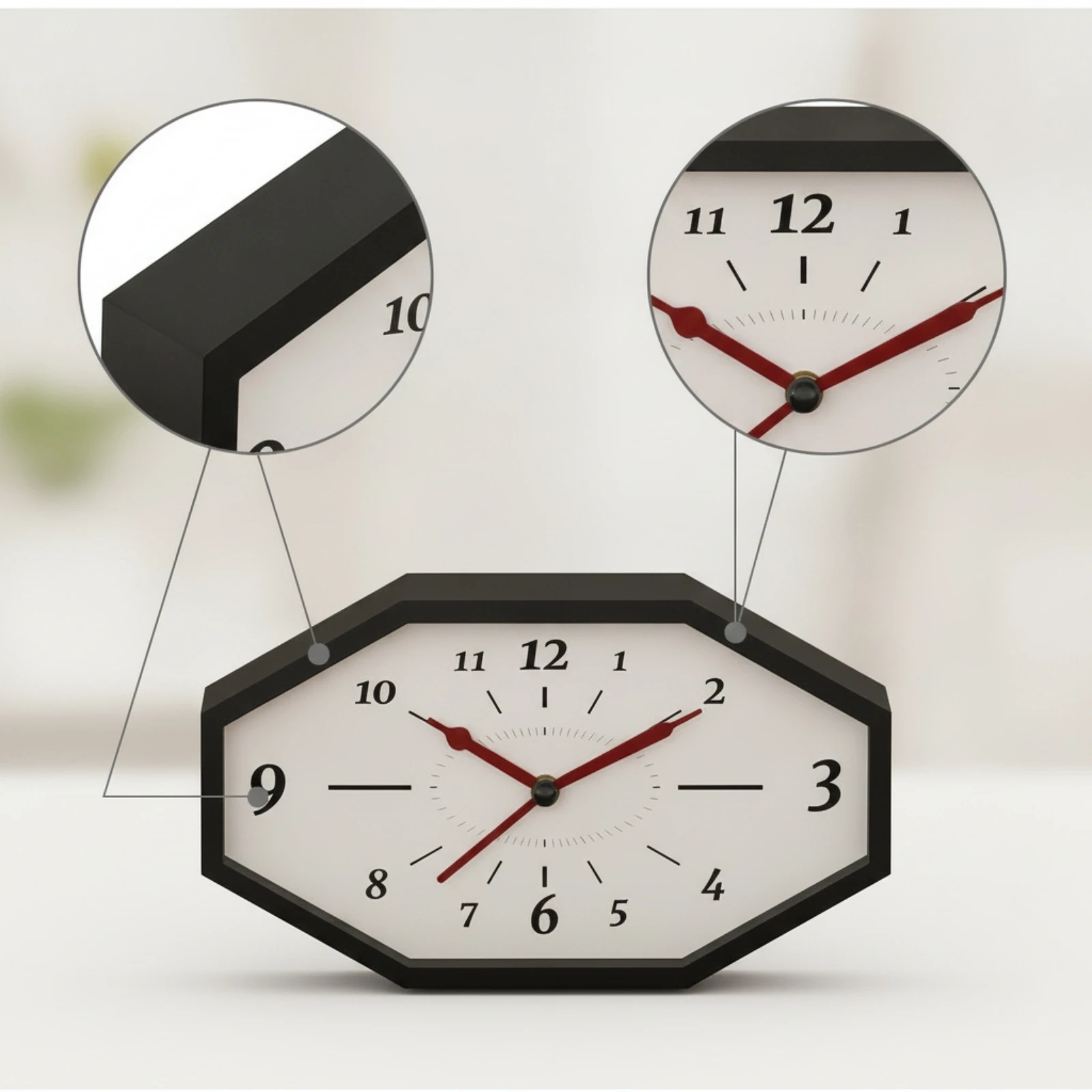Octagonal Wall Clock Easy-to-Read Clock with Wooden Frame Timepiece Quartz Battery-Operated for Living Room, Hallway