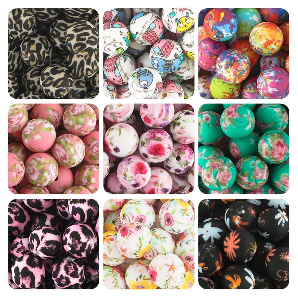 10/20Pcs 15mm Silicone Printed Beads Round Flower Leopard Beads DIY Keychain Necklace Bracelet Accessories For Jewelry Making