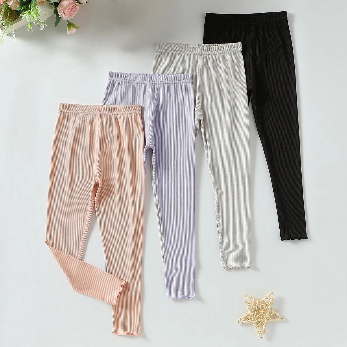 4/5-piece Set Of Girls' Four Season Style Solid Color Black Fungus Edge Slim Fit Leggings Sweet And Cute Casual Pants For Grls