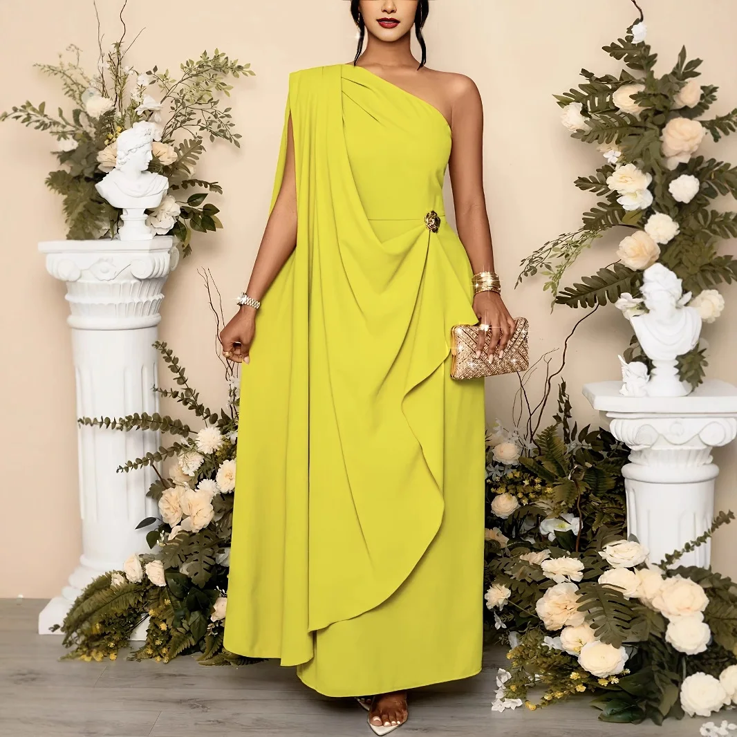

2026 New Cross Border Fashion Women's Luxury One Shoulder Sash Waist Cinched Long Evening Dress Elegant Banquet Formal Gown