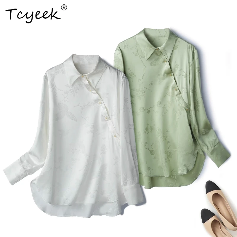 

Tcyeek 100% Mulberry Silk Spring Summer Chinese Style Polo Collar Long Sleeved Straight Tube White Light Green Women Shirts 여름옷