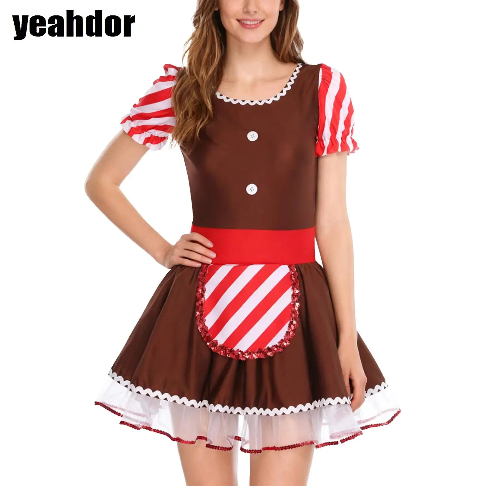 

Women Christmas Gingerbread Man Costumes Puffy Short Sleeve Candy Cane Santa Cookie Cosplay Skating Ballet Leotard Tutu Dress