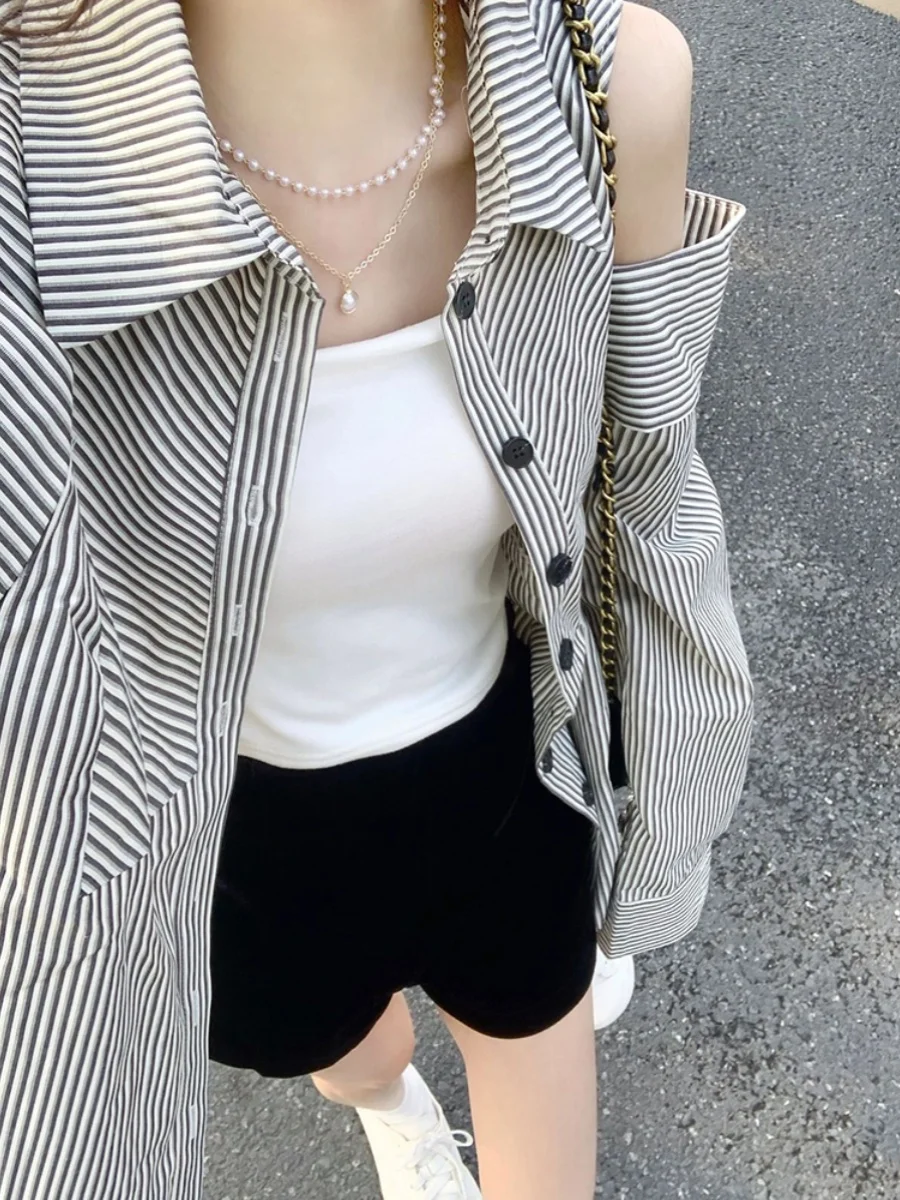 

Chic Striped oulder Bared Long Sve Women's irt Spring Autumn Outerwear Hepburn Sle Sunscreen Coat Trendy Commute S...