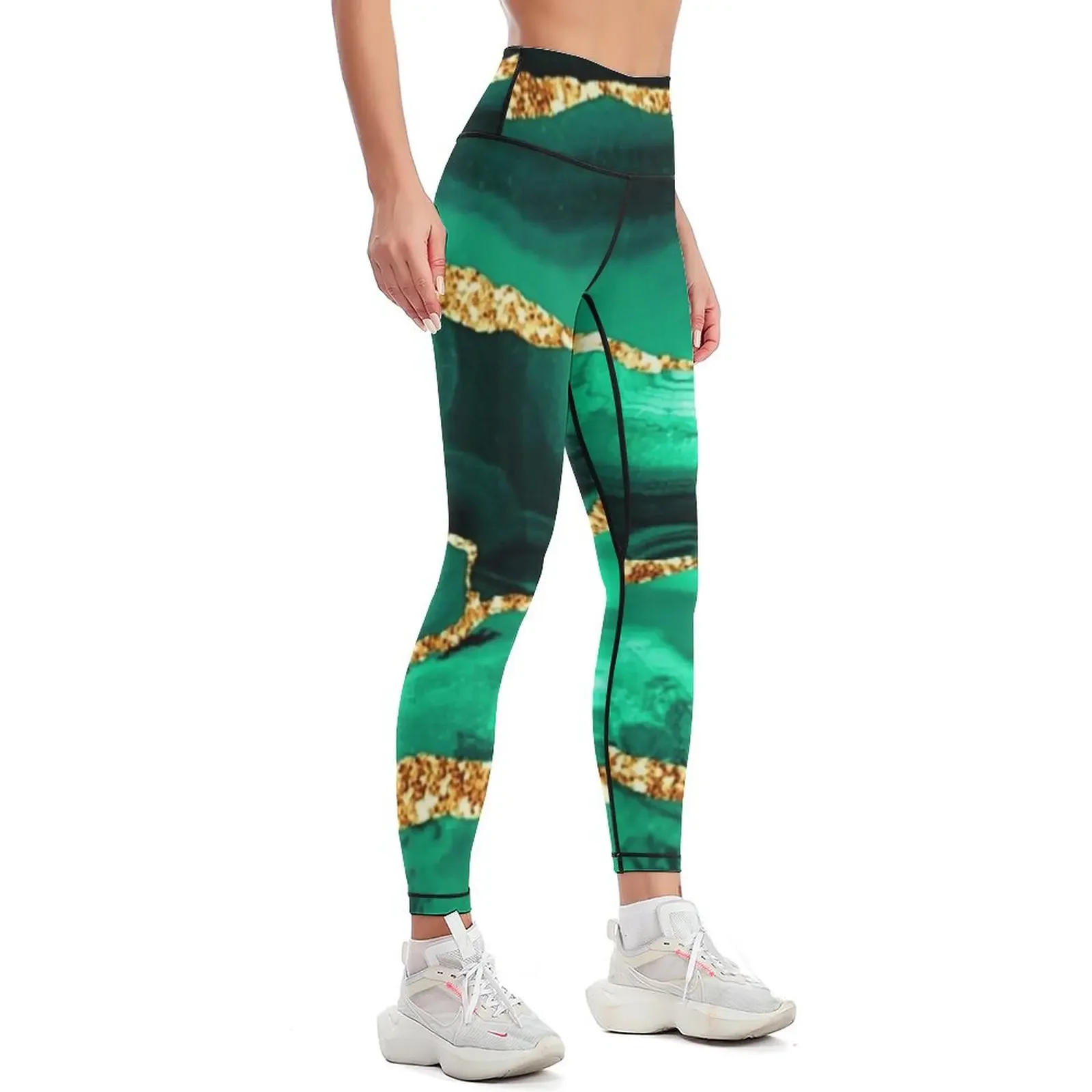 Emerald Green Malachite Faux Marble With Gold Glitter A -Line Dres Leggings exercise clothing for joggers for Womens Leggings