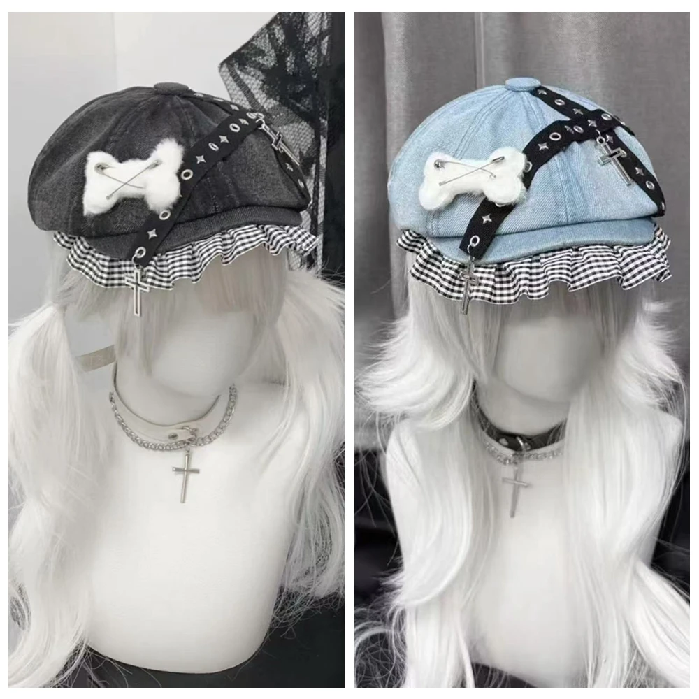 

Original Aby Culture Punk Bone Cross Grid Ruffled Lace Beret Hat Jeans Octagonal Hat Y2K Faion Cap Streetwear