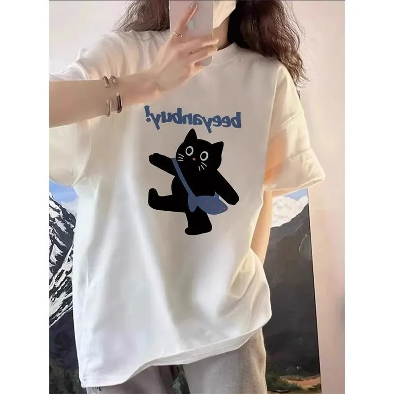 

Женская летняя свободная повседневная универсальная футболка больших размеров с мультяшным принтом, круглым вырезом и коротким рукавом в корейском стиле для города