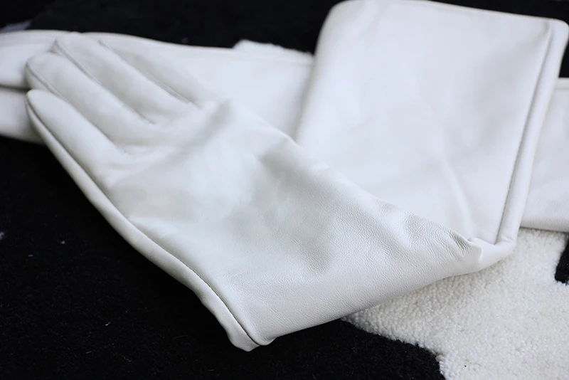 50cm New Genuine Leather White Women's High Grade Party Mittens Sheepskin Lady Winter Velvet long Gloves Creamy Ivory Snow White