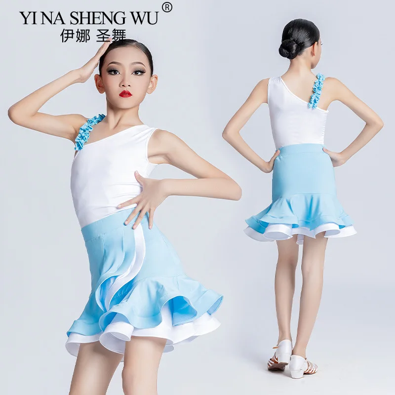 Robe de danse latine pour filles, ensemble body d'entraînement de Salsa Cha Cha et jupe à volants, combinaison d'entraînement professionnelle fendue pour enfants