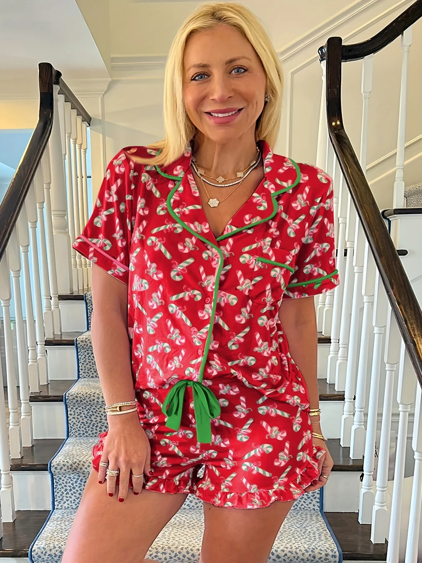 

GLECWomen'sPajama set Candy Cane Print Short Sleeve Pajamas with Collar ButtonFront Shorts & Matching Top Soft Holiday Sleepwear