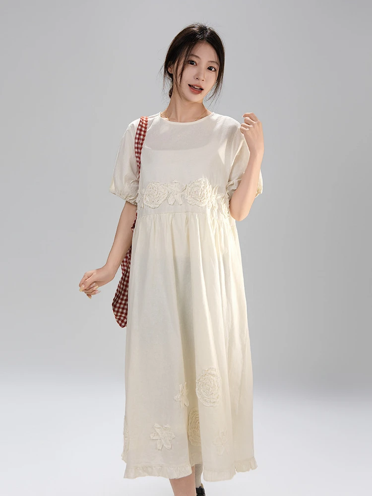 

Artisanal Style round Neck Short Sleeve Women's Dress Summer Cotton Gauzy Floral 3D Print Loose Waist A-Line Skirt