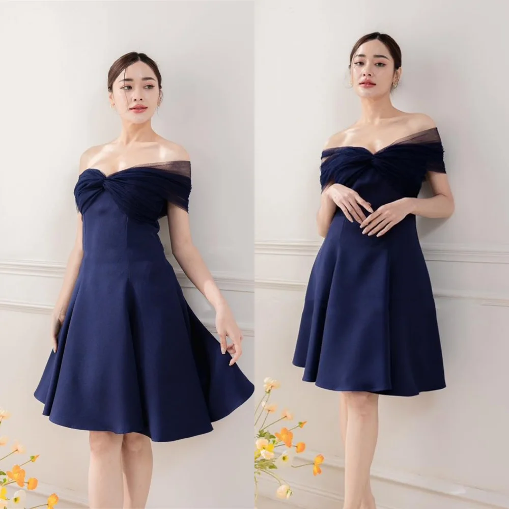 Vestido de noche de Jersey azul con temperamento personalizado, vestidos para ocasiones especiales de manga corta sin tirantes de alta calidad con hombros descubiertos