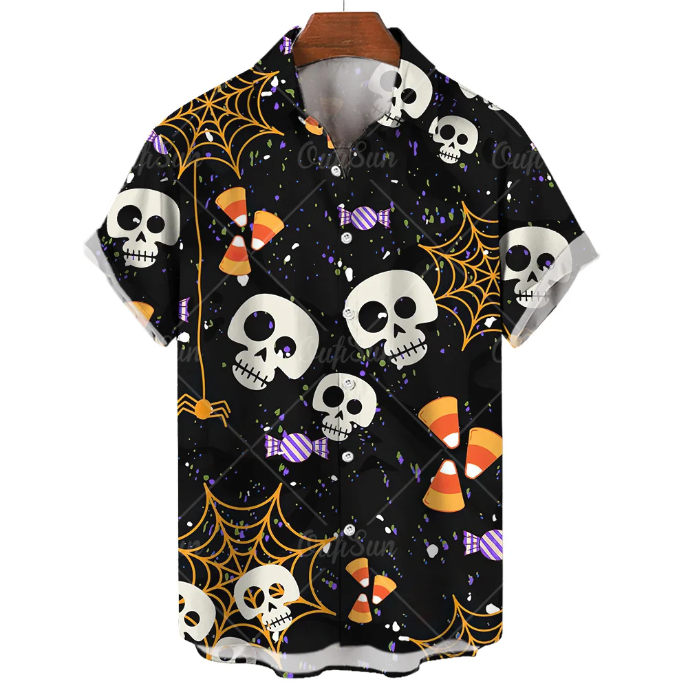 Halloween Shirt For Men Fashion Short Sleeve Tops Little Devil Print Hawaiian Shirts Casual Beach Travel Oversized Men\'s Clothes