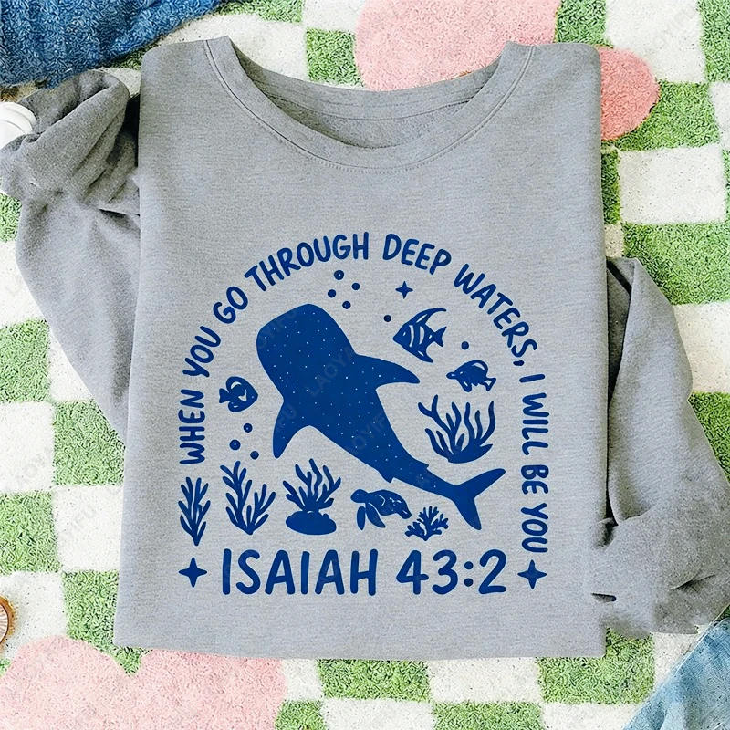 Isaiah 43:2 Whale Shark Ocean Bible Verse Casual Winter Pullover Trendy Whale Dolphin Gift Simple Hoody Women Clothes Ropa Mujer