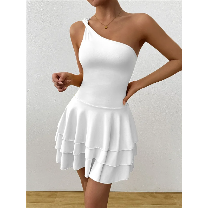 【SEE】Mini abito da donna a trapezio senza maniche con volant arricciato e monospalla