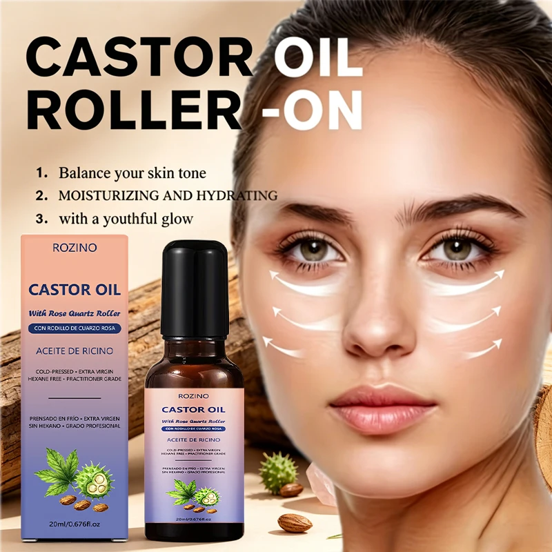 0.68 oz Cold-Pressed Castor Oil: Suitable for Facial, Neck, and Body Care, Comes with a Rolling Massage Head to Enhance Absorption, Leaves No Greasy Residue Portable Package, Powerfully Hydrates, Tightens and Brightens, Reduces Fine Lines and Neck Wrinkles, Improves Elasticity, Is Portable and Easy to Use, Suitable for All Skin Types.